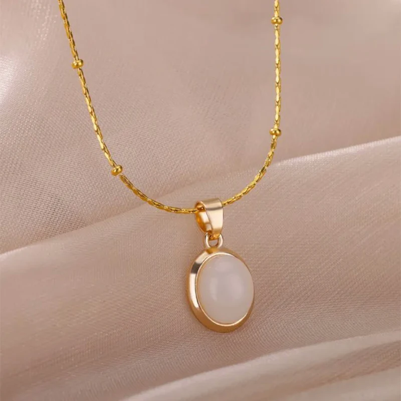 Stainless Steel Round Opal Necklace For Women Girls Natural Stone Pendant Gold Color Choker Necklaces Vintage Jewelry