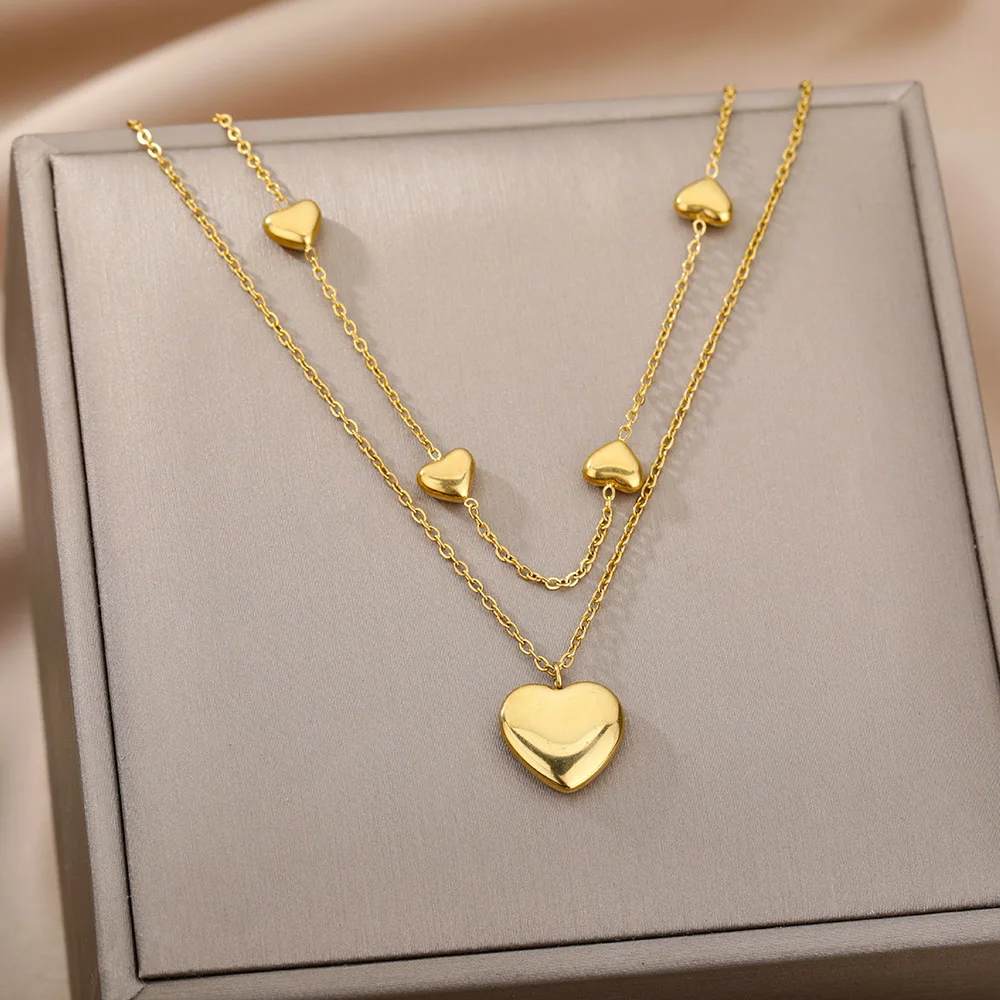 Double Layer Heart Clavicle Chain Necklaces For Women Stainless Steel Gold Plated Streetwear Choker Necklace Trendy Jewelry Gift